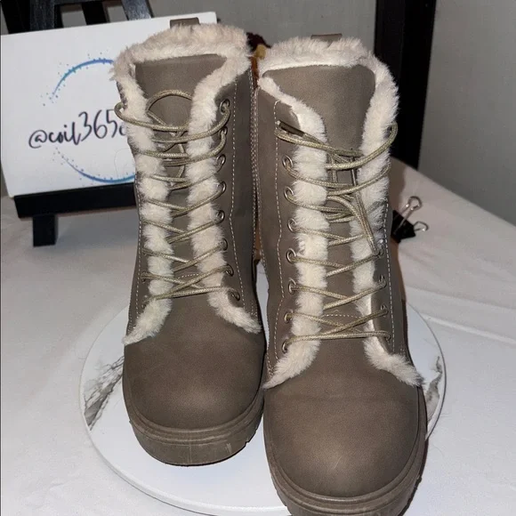 Charlotte Russe Taupe Lace-Up Faux Fur Combat Boots - Picture 4 of 9
